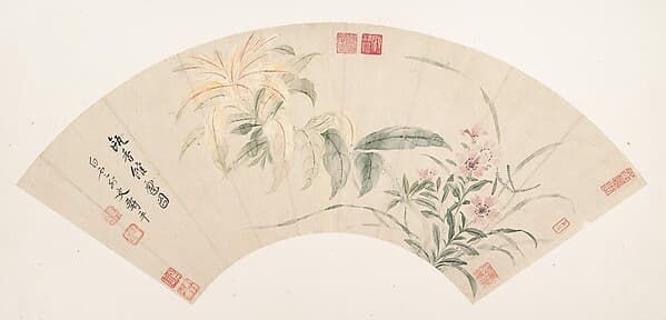 Yun Shouping. 清 惲壽平 花卉圖 摺扇|Carnations and amaranthus