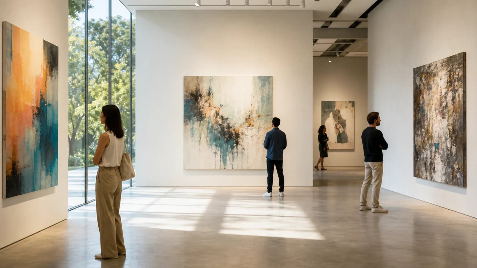 Modern art gallery interior with visitors viewing contemporary paintings in natural light.