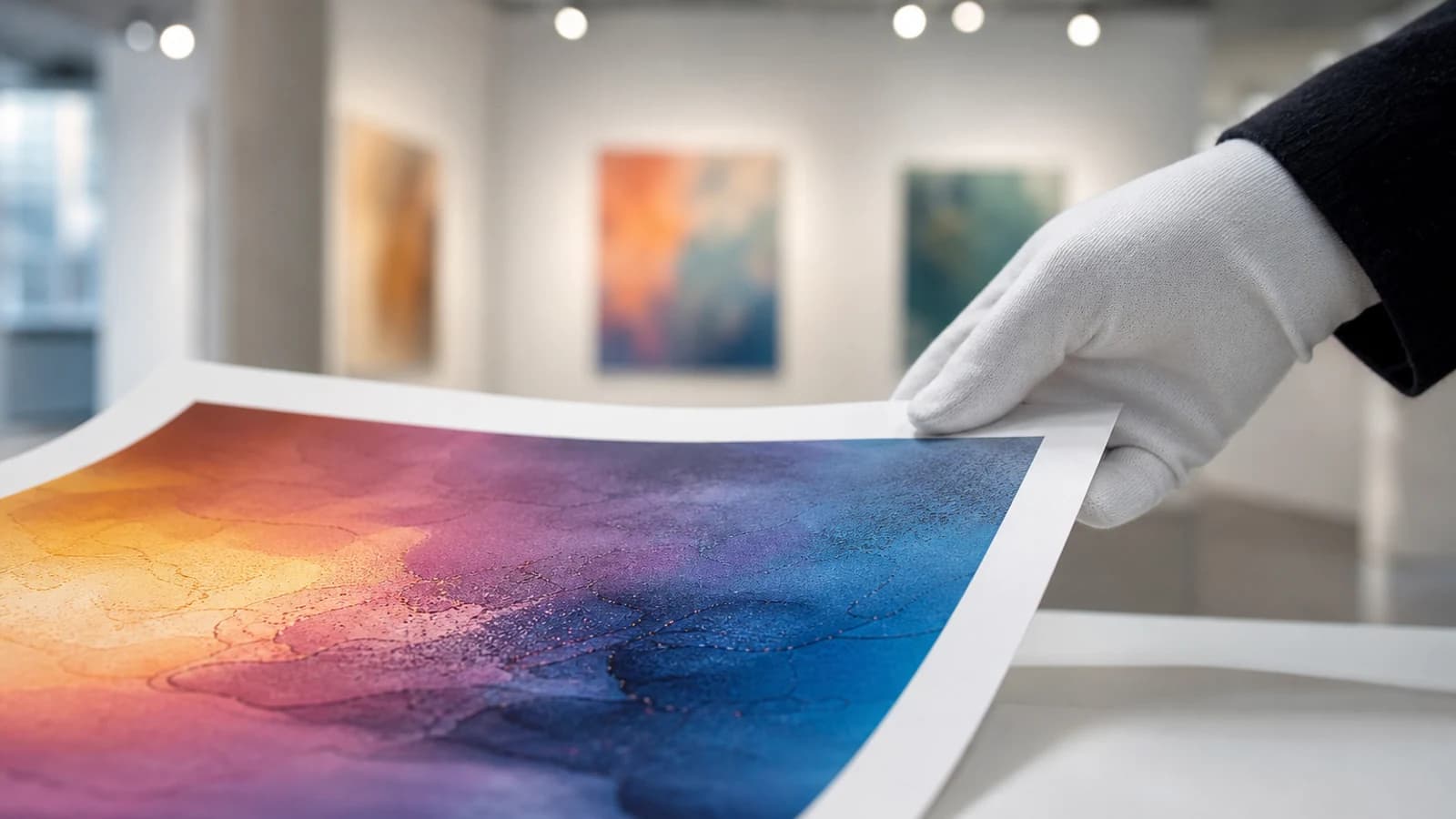 A gloved hand inspecting a giclée print in a modern gallery.