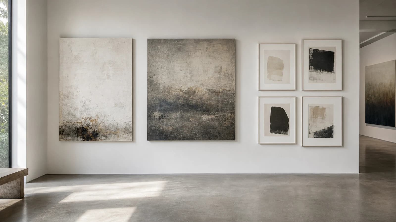 Gallery wall with canvas paintings and framed works on paper, highlighting display differences.