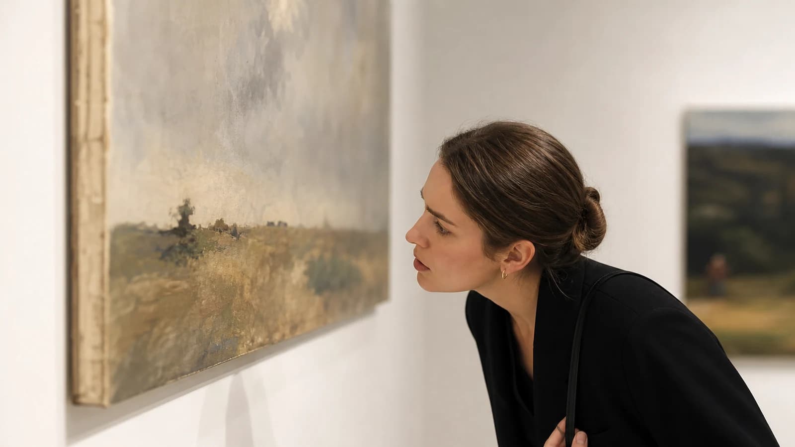 Art collector inspecting a painting for a signature in a modern gallery.