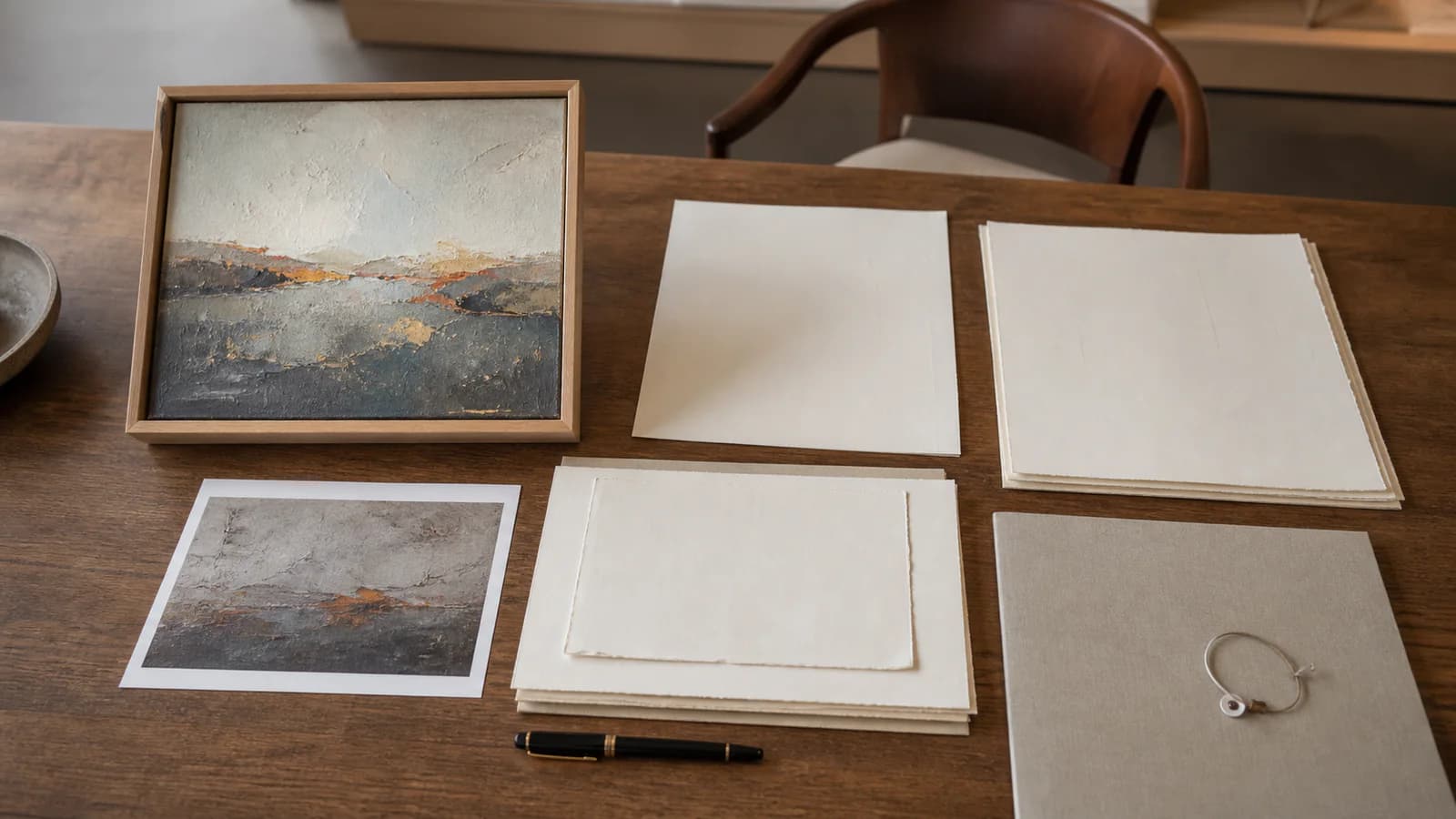 A painting and an organized set of art purchase documents on a table