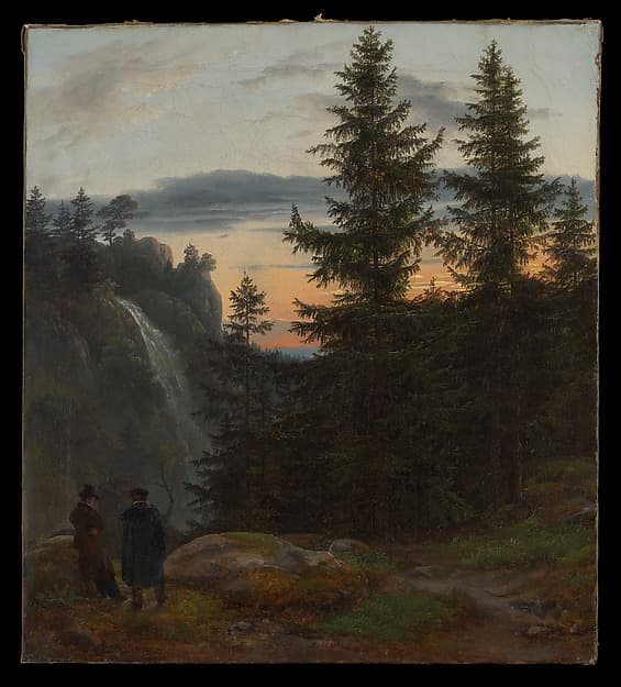 Johan Christian Dahl. Two Men before a Waterfall at Sunset