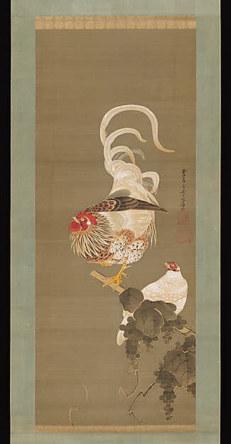 Itō Jakuchū. Hen and Rooster with Grapevine
