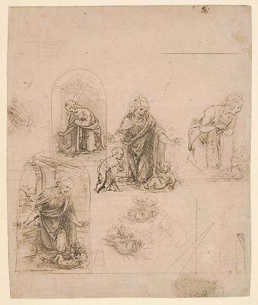 Leonardo da Vinci. Compositional Studies of the Virgin Adoring the Christ Child, with and without the Infant Saint John; Perspective Scheme (recto); Light Sketches (verso)