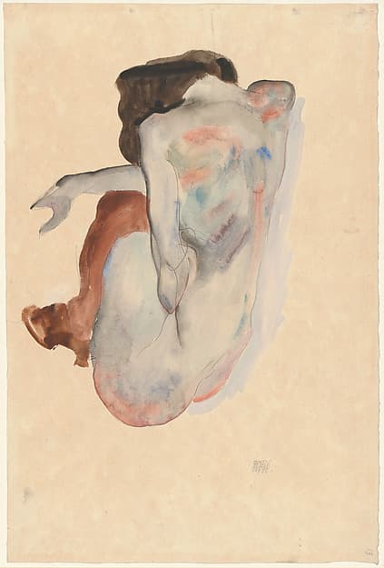 Egon Schiele. Crouching Nude in Shoes and Black Stockings, Back View