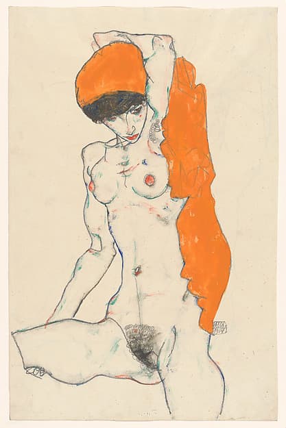 Egon Schiele. Standing Nude with Orange Drapery (recto): Study of Nude with Arms Raised (verso)