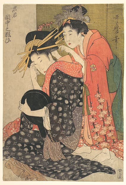 Kitagawa Utamaro. A Famous Courtesan Applying Makeup in Her Boudoir (Meikun keichū no yosooi)