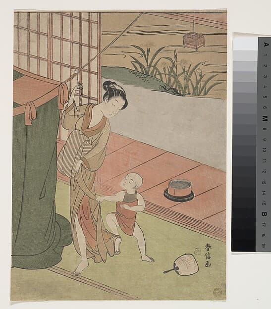 Suzuki Harunobu. Engraving «Mother and Son by a Mosquito Net»
