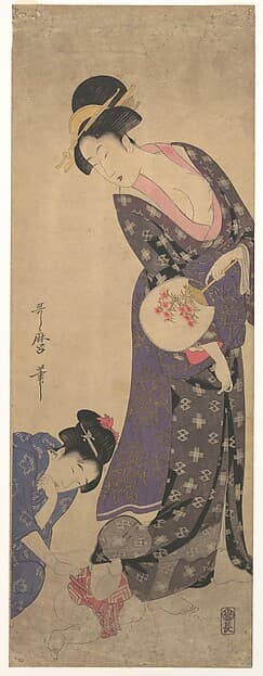 Kitagawa Utamaro. Two Women with a Baby who is Playing on the Floor