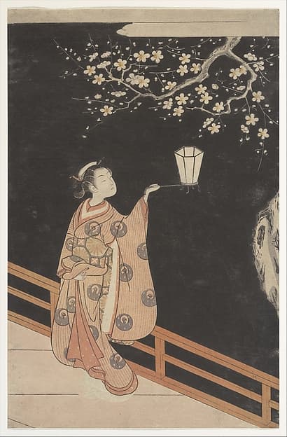 Suzuki Harunobu. Woman Admiring Plum Blossoms at Night