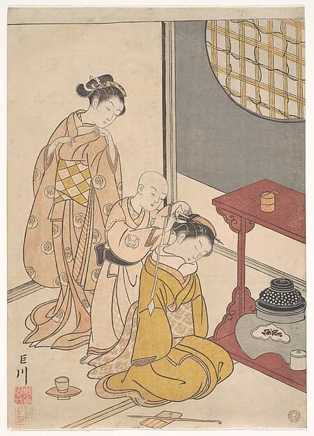 Suzuki Harunobu. Boy Braiding a Girl's Hair Ribbon