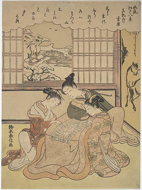 Suzuki Harunobu. Twilight Snow on Mount Matsuchi (Matsuchiyama no bosatsu), from the series Eight Fashionable Views of Edo (Fūryū Edo hakkei)