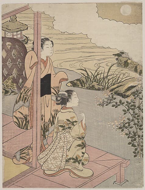 Suzuki Harunobu. Print "Two Girls on a Veranda beside a Stream with the Moon"