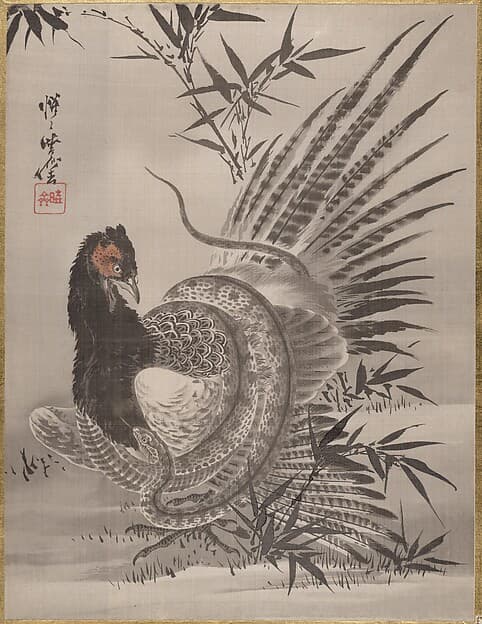 Kawanabe Kyōsai. Pheasant Caught by a Snake