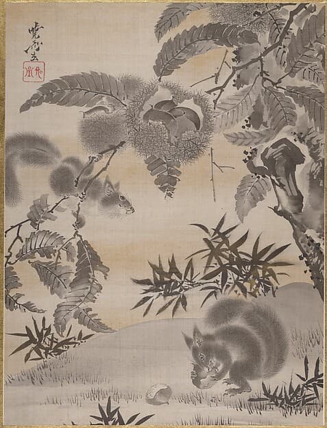 Kawanabe Kyōsai. Squirrels Gathering Chestnuts