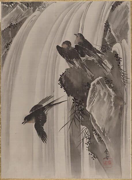 Kawanabe Kyōsai. Swallows by a Waterfall