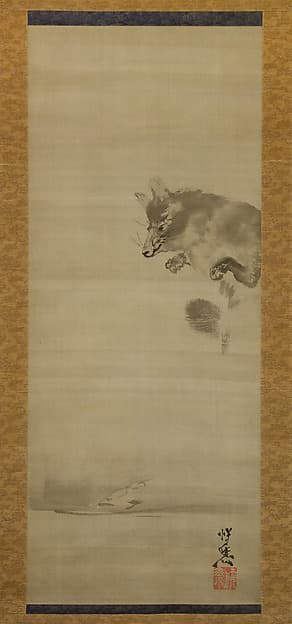 Kawanabe Kyōsai. Tanuki (Racoon Dog) Viewing Its Reflection in Water