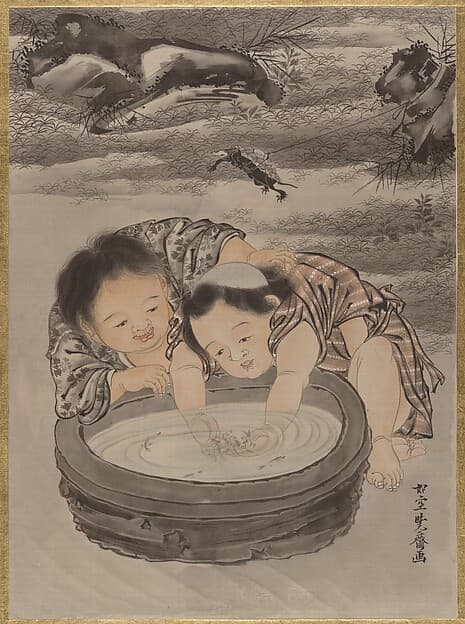 Kawanabe Kyōsai. Two Children Playing with Goldfish