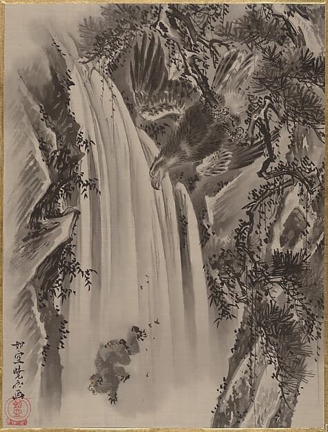 Kawanabe Kyōsai. Waterfall, Eagle and Monkey
