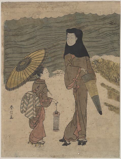 Suzuki Harunobu. Lady with Black Hood and Umbrella Out Walking with Young Attendant
