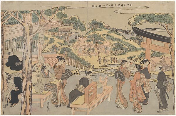 Suzuki Harunobu. Osen of the Kagiya Teahouse at Kasamori Shrine with a View of Nippori in Yanaka