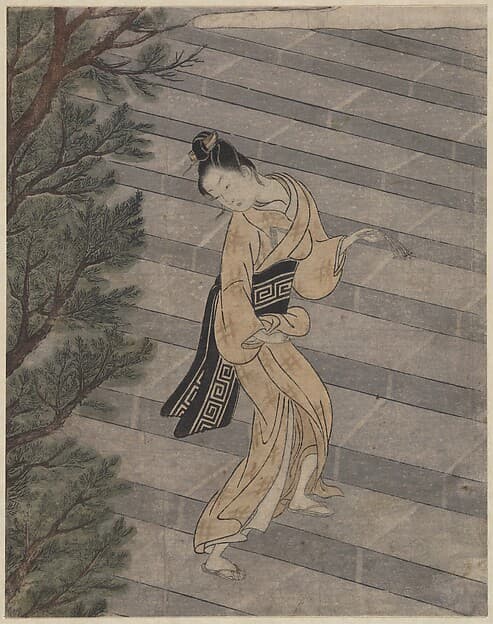 Suzuki Harunobu. Young Woman Climbing Stone Stairs to a Shinto Temple