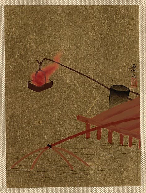 Shibata Zeshin. Fire Basket Suspended from Dock over a Fish Net in the Water