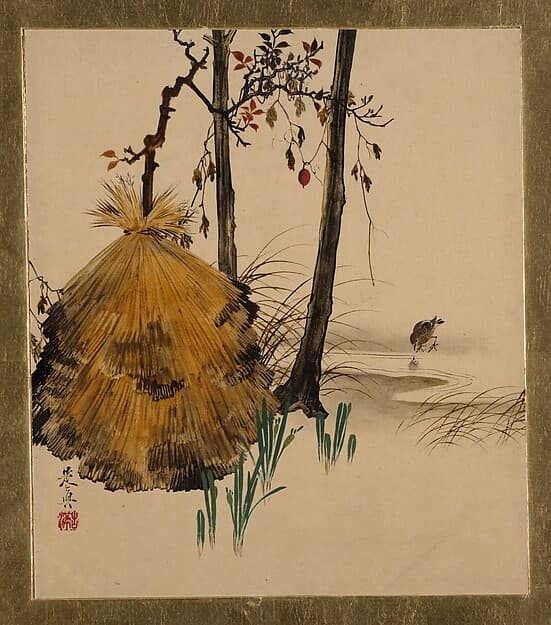 Shibata Zeshin. Lacquer Paintings of Various Subjects: Snow Shelter for a Tree with Sparrow