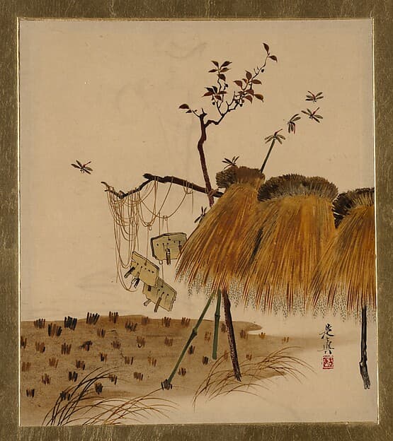 Shibata Zeshin. Lacquer Paintings of Various Subjects: Stack of Rice and Dragonflies
