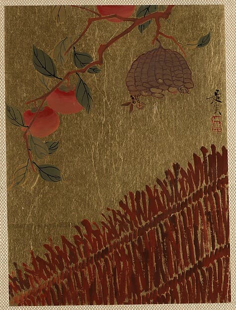 Shibata Zeshin. Persimmons Branch and Wasp Nest above a Hedge