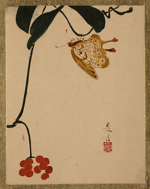 Shibata Zeshin. Red Berry Plant and Butterfly