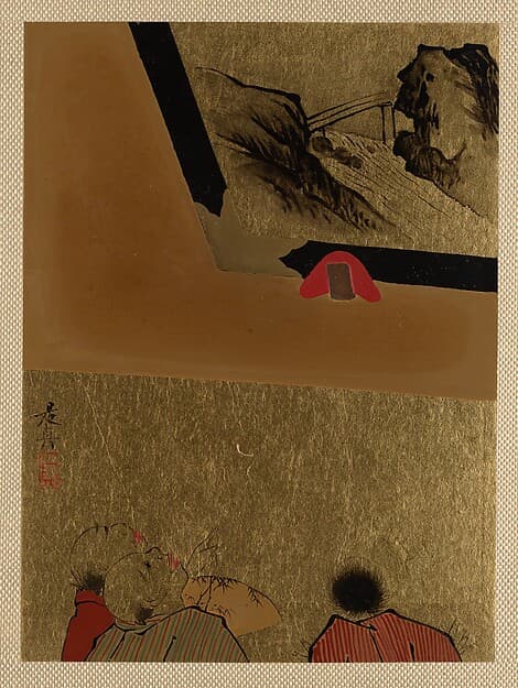 Shibata Zeshin. Three Men Looking at Framed Lacquer Drawing