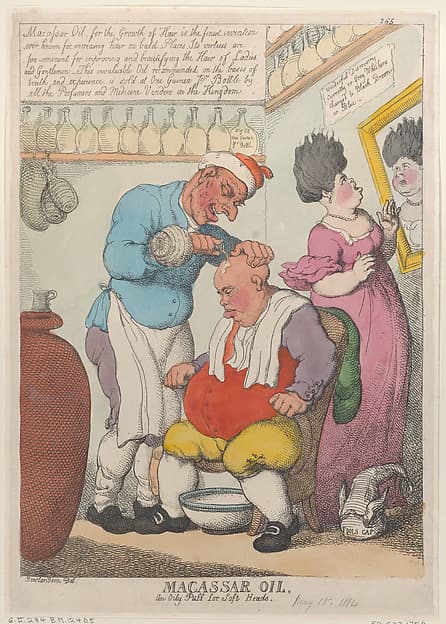 Thomas Rowlandson. Graphic Sheet “Macassar Oil, An Oily Puff for Soft Heads”