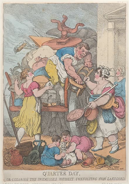 Thomas Rowlandson. Graphic Sheet «Quarter Day, or Clearing the Premises without Consulting Your Landlord»