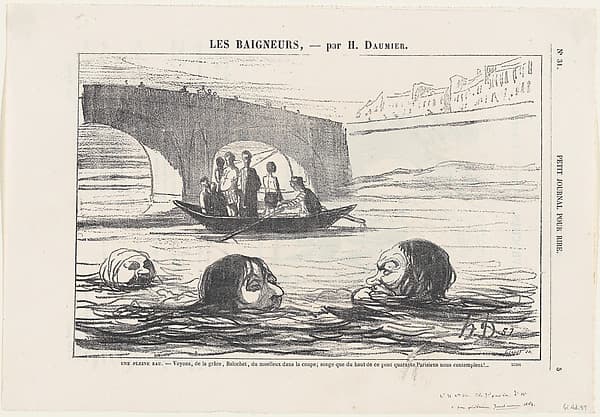 Honoré Daumier. Posredi reki: davay, Baloshe, podtolkni!.. Ne zabyvay, chto s mosta na nas smotryat sorok parizhan